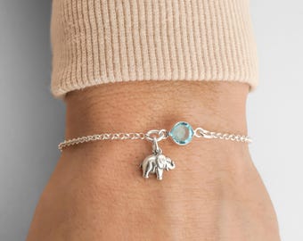 Elephant Bracelet - Elephant Anklet - Personalized Birthstone Bracelet - 925 Sterling Silver - Rolo Chain - Dainty Minimalist Charm Bracelet
