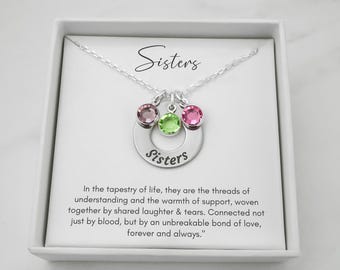 Sisters Necklace: 925 Sterling Silver & Stainless Steel, Birthstone Charms