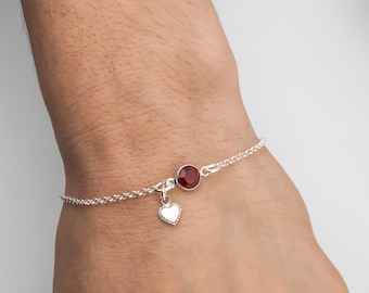 Heart Charm Bracelet or Anklet - 925 Sterling Silver Birthstone Bracelet - Heart Bracelet - Rolo Chain Bracelet - Dainty Minimalist Bracelet