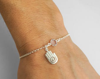 Healing Hand Bracelet or Anklet - 925 Sterling Silver Birthstone Bracelet, Rolo Chain Bracelet, Hopi Hand Reiki Jewelry for Energy Workers