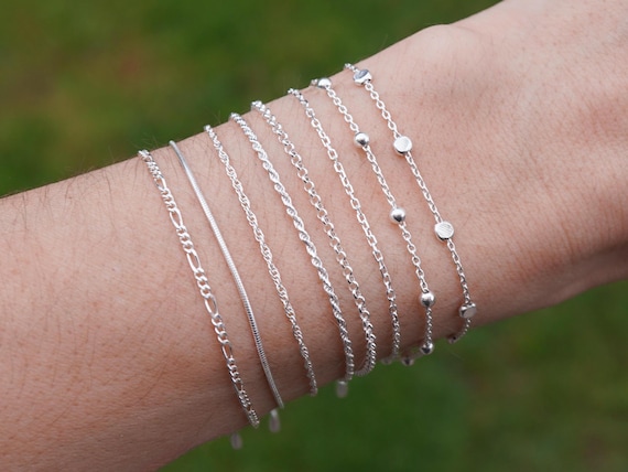 Minimalist Sterling Silver Chain Bracelet or Anklet for Women: Anchor, Ball Bead, Rolo, Rope, Satellite, Snake, Wheat Chains