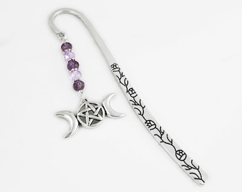 Triple Moon Goddess Bookmark: Antique Silver Pentacle Charm, Witch Gifts