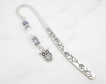 Owl Bookmark - Silver Beaded Bookmark, Unique Bookmarks for Teacher Gifts for Night Owl Gifts - Beaded Owl Stationary - Silver Bird Bookmark