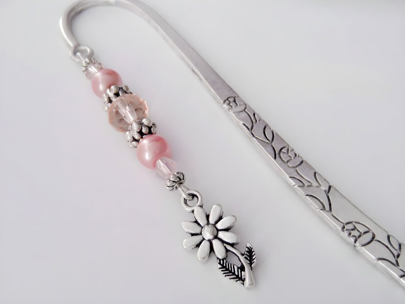 Flower Bookmark Beaded Tibetan Silver Charm Bookmark Flower Charm Teacher Gifts Flower Stationary image 1