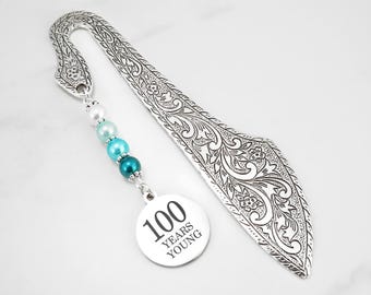 100th Birthday Gift: 100 Years Young Charm Beaded Bookmark for Men or Women