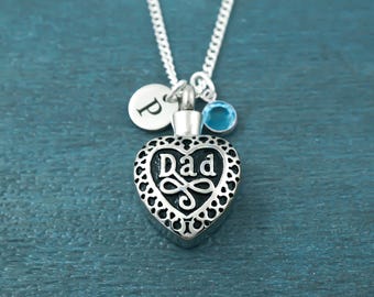 Dad Urn Necklace for Ashes - Memorial Jewelry, Heart Cremation Pendant, Personalized Name and Birthstone