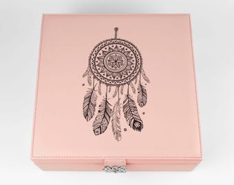 Dreamcatcher Jewelry Box - Large Square Jewelry Organizer Box for Women and Girls, Vegan Leather and Velvet - Pink Jewelry Case with Mirror