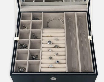 Vegan Leather Jewelry Box Organizer for Girls and Women - Black Jewelry Box - Turquoise, Pink, Cream, Gray, Coral, White Jewelry Organizer