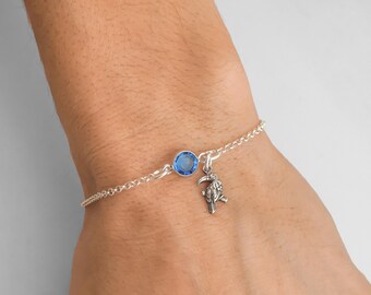 Toucan Bracelet or Anklet - Personalized Birthstone Bracelet - 925 Sterling Silver - Rolo Chain - Dainty Minimalist Bird Bracelet