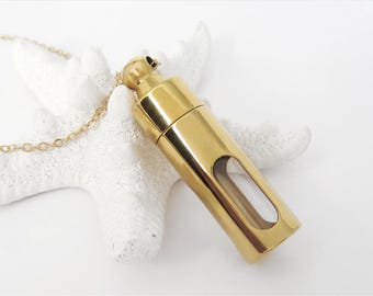 Gold Tube Urn Necklace -  Clear Pet Fir Hollow Capsule Pendant Necklace - Keepsake Jewelry - Ashes Necklace - Unisex Memorial Jewelry