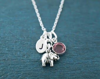 Elephant Necklace: 925 Sterling Silver Jewelry, Small Initial and Birthstone, Elephant Gifts