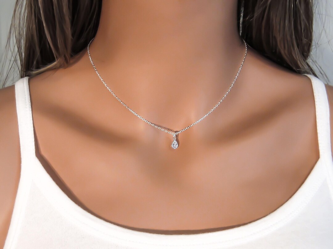 Genevive Chic Sterling Silver White Gold Plated Cubic Zirconia Drop Necklace - Silver