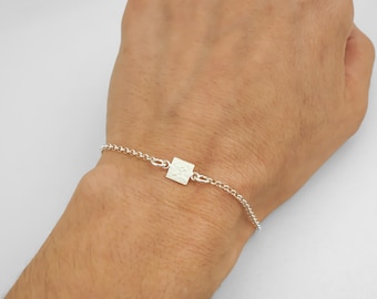 Hammered Silver Bracelet or Anklet - 925 Sterling Silver Jewelry - Minimalist Square Charm Bracelet - Hammered Jewelry - 2mm Rolo Chain