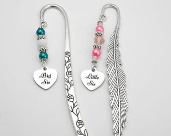 Sister Bookmark - Big Sis Little Sis Bookmark for Sister Gifts, Tibetan Silver Bookmark Heart Charm Book Marker