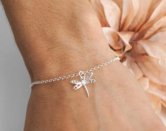 Sterling Silver Dragonfly Bracelet or Anklet: Dainty Charm, Minimalist Jewelry
