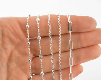 Sterling Silver Chain Necklace for Women, 12 to 40 inches - Ball Chain, Satellite Chain, Rolo Chain, Paper Clip Chain, Figaro Chain