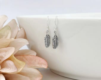 Small Feather Earrings - 925 Sterling Silver Feather Charm Earrings - Feather Jewelry - Everyday Earrings