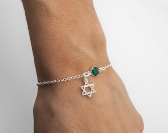 Star of David Bracelet for Women - Star of David Anklet - Birthstone Bracelet, 925 Sterling Silver Rolo Chain Dainty, Jewish Charm Bracelet