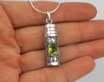 Prayer Locket Necklace - Peridot Capsule Necklace - Hollow Tube Pendant - Keepsake Ashes Necklace - 925 Sterling Silver - LAST CHANCE
