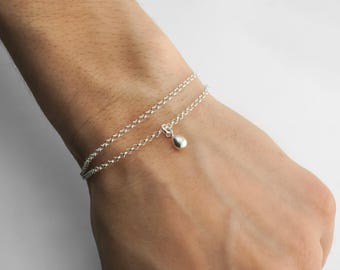 925 Sterling Silver Teardrop Charm Bracelet Minimalist Bracelet with Rolo Chain Double Strand Bracelet Dainty Teardrop Anklet with 2 Strands