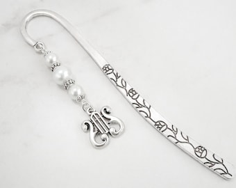 Lyre Bookmark: Antique Silver Harp Charm, Beaded Music Stationary