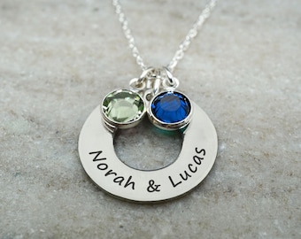 2 Baby Names Necklace - Custom Mom of 2 Jewelry - Mom of Twins Pendant - Personalized Hand Stamped Names and Birthstones