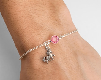 Sterling Silver Unicorn Bracelet or Anklet: Birthstone Charm, Rolo Chain