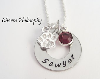 Dog Paw Name Necklace - Personalized Hand Stamped Name and Birthstone - Pet Memorial Jewelry