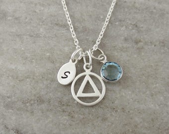 Small AA Symbol Necklace - Sobriety Gifts - Alcoholics Anonymous - 925 Sterling Silver Jewelry - Personalized Initial and Birthstone Charm