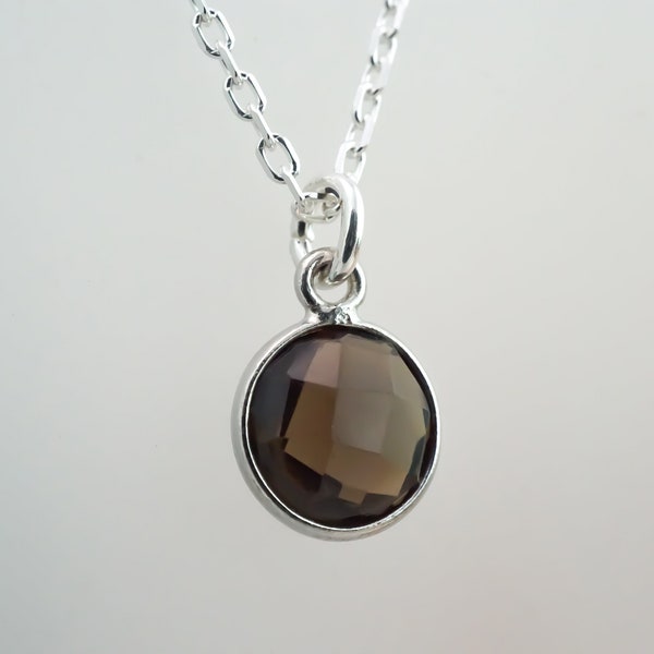 Smoky Quartz Necklace - Round 9mm Gemstone Charm - 925 Sterling Silver Jewelry - Natural Smokey Quartz Jewelry