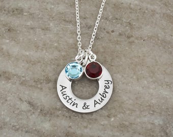 Baby Names Necklace for Mom of 2: Custom Engraved Pendant with Birthstones, Sterling Silver and Stainless Steel