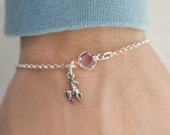 Dainty Horse Bracelet or Anklet - 925 Sterling Silver - Personalized Birthstone Animal Bracelet - Horse Jewelry - Dainty Minimalist Bracelet