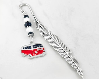 Red VW Bus Bookmark: Tibetan Silver and Enamel Charm, Vintage Hippie Van