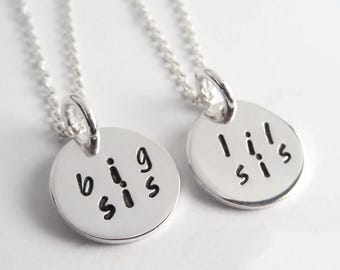 Sterling Silver Sister Necklaces: Matching Handstamped Big Sis Lil Sis Charms