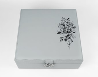 Gray Jewelry Box with Roses - Vegan Leather Jewelry Organizer Box for Girls and Women - Gray / Grey Jewelry Case - Jewelry Storage Case