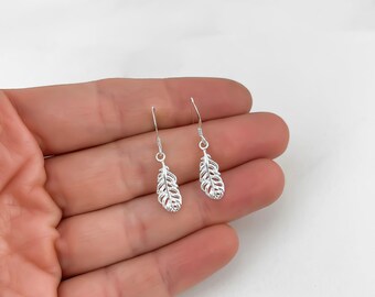 Sterling Silver Feather Earrings: Small Dangle Charm Jewelry