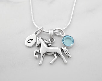 Horse Necklace: Personalized 925 Sterling Silver Equestrian Jewelry, Birthstone and Initial Charm