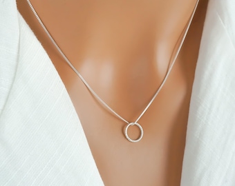 Sterling Silver Karma Circle Necklace: Minimalist O Ring Circle Charm, Thin Curb Chain