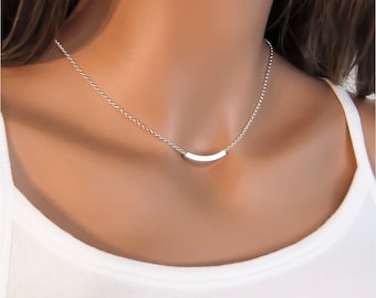 Curved Bar Necklace - 925 Sterling Silver Layering Necklace - Everyday Necklace - Dainty Casual Jewelry - 25mm Bar