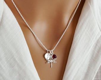 Dragonfly Necklace - 925 Sterling Silver Jewelry - Small Personalized Initial and Birthstone - Dragonfly Jewelry - Dragonfly Gifts