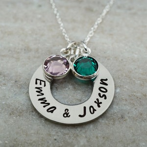 2 Baby Names Necklace - Custom Mom of 2 Jewelry - Mom of Twins Pendant - Personalized Hand Stamped Names and Birthstones