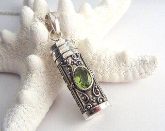 Prayer Box Necklace - Peridot Capsule - Hollow Tube Pendant - Keepsake Jewelry - Ashes Necklace - 925 Sterling Silver