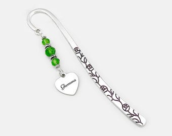 Personalized Glamma Bookmark: Engraved Heart Charm, Beaded Grandma Gift