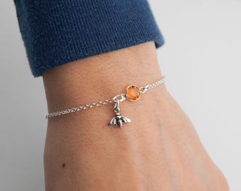 Bumblebee Bracelet or Anklet: Personalized Bee Birthstone Charm, Minimalist 925 Sterling Silver Jewelry