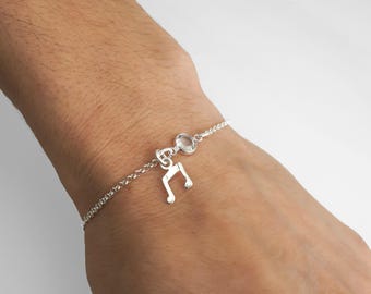Music Note Bracelet or Anklet, Sterling Sivler Eighth Note Charm with Birthstone