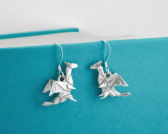 Origami Dragon Earrings - 925 Sterling Silver Dragon Jewelry - Paper Dragon Drop Earrings - Fantasy Earrings - Shepherd Hooks or Lever Backs