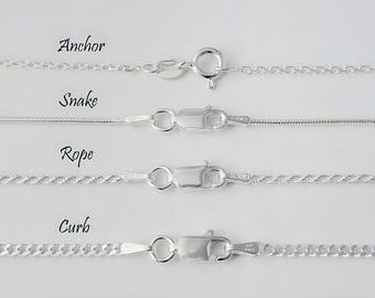 925 Sterling Silver Chain Necklace: Anchor, Rope, Snake, Curb - 14, 16, 18, 20, 22, 24, 30, 36 inches