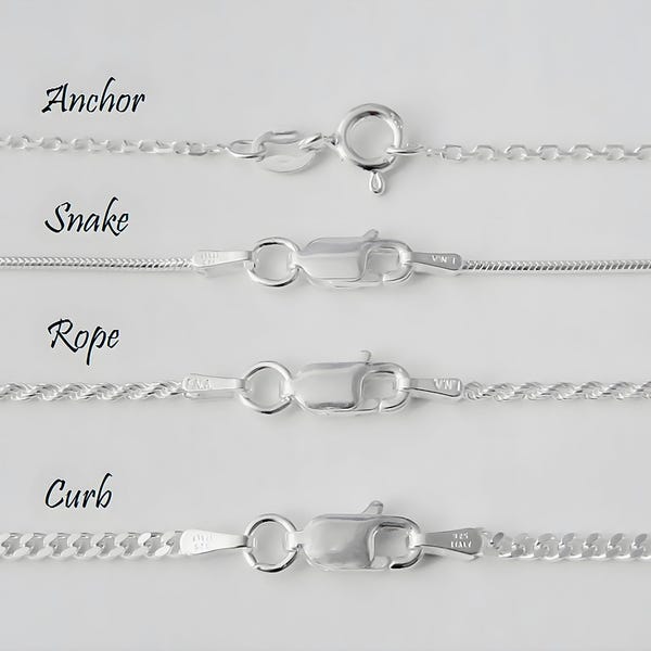 925 Sterling Silver Chain Necklace: Anchor, Rope, Snake, Curb - 14, 16, 18, 20, 22, 24, 30, 36 inches