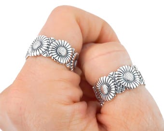 Sterling Silver Sunflower Ring - Thick Band - Size 6