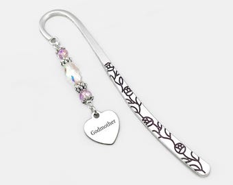 Godmother Bookmark - Tibetan Silver Bookmark - Mother's Day Gift Idea - Godmother Gift - Custom Engraved Heart Charm Book Marker